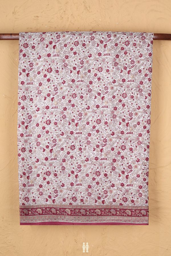 Printed Silk Saree In White With Floral Design
