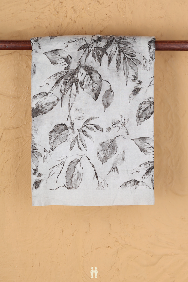 Printed Silk Saree In White With Leaf Design