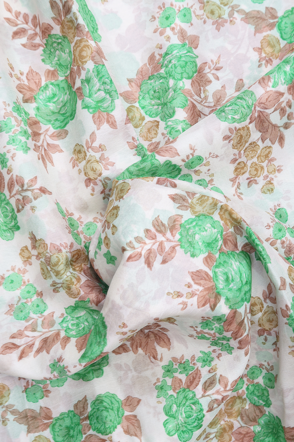 Printed Silk Saree In White With Floral Design