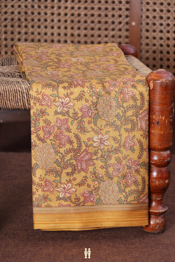 Printed Silk Saree In Yellow With Floral Design
