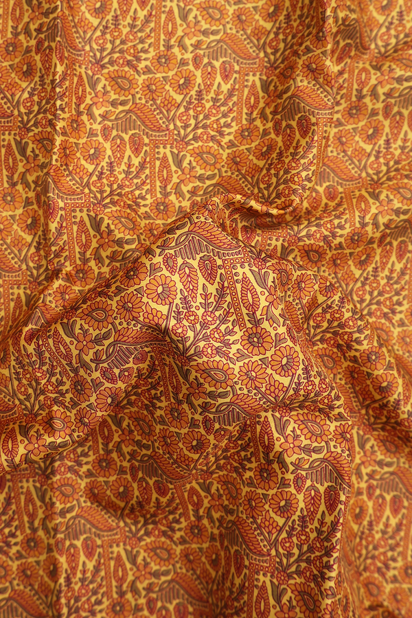 Printed Silk Saree In Yellow With Floral Design