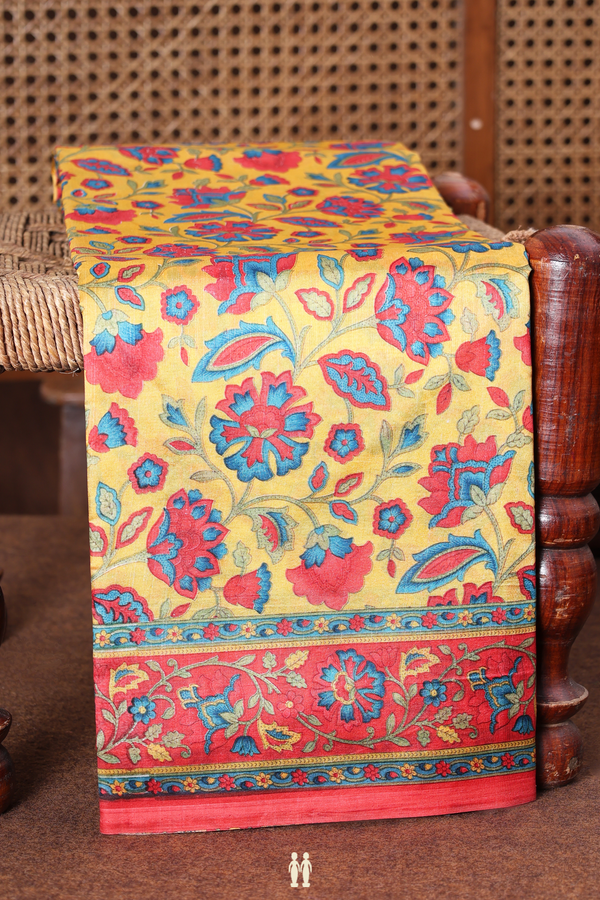 Printed Silk Saree In Yellow With Floral Design