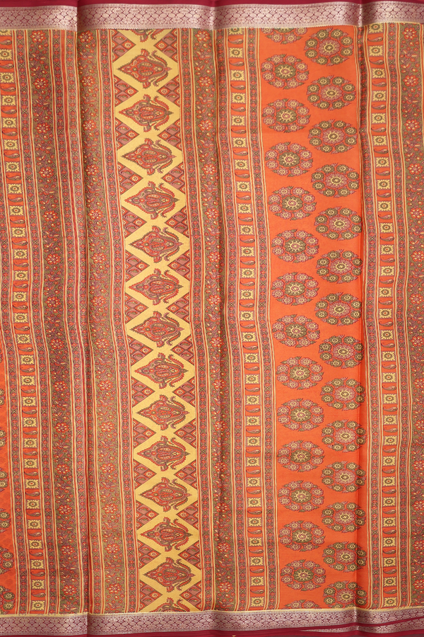 Printed Silk Saree In Yellow With Floral Design