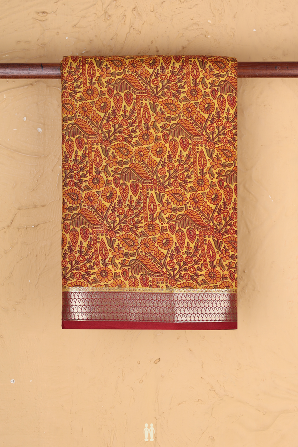 Printed Silk Saree In Yellow With Floral Design