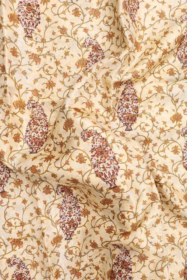 Printed Silk Saree In Yellow With Floral Design