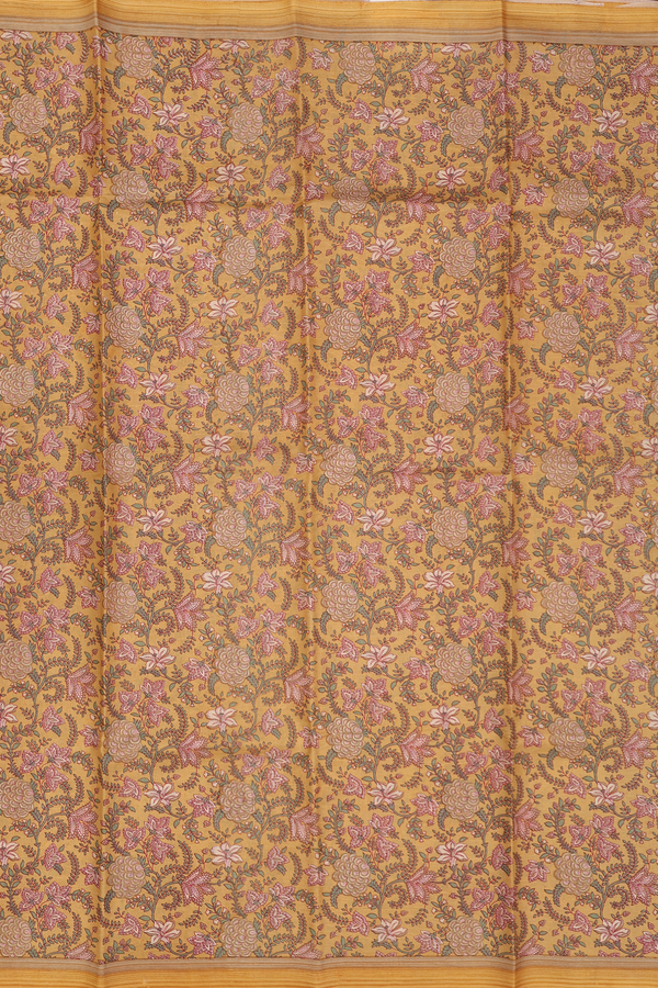 Printed Silk Saree In Yellow With Floral Design