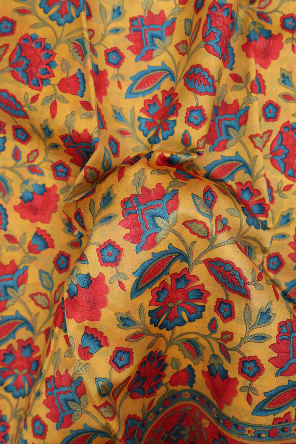 Printed Silk Saree In Yellow With Floral Design