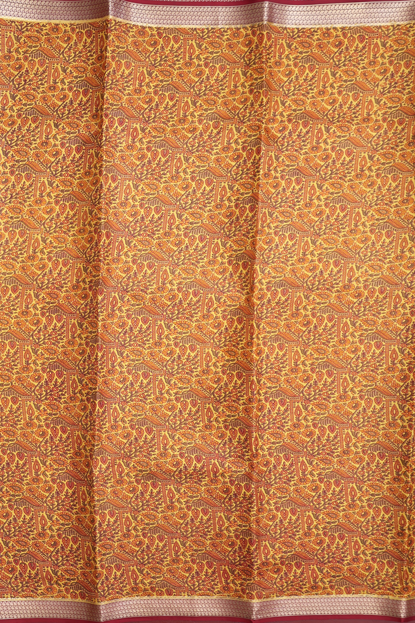 Printed Silk Saree In Yellow With Floral Design