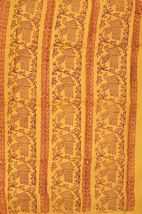 Printed Silk Saree In Yellow With Leaf Printed Design