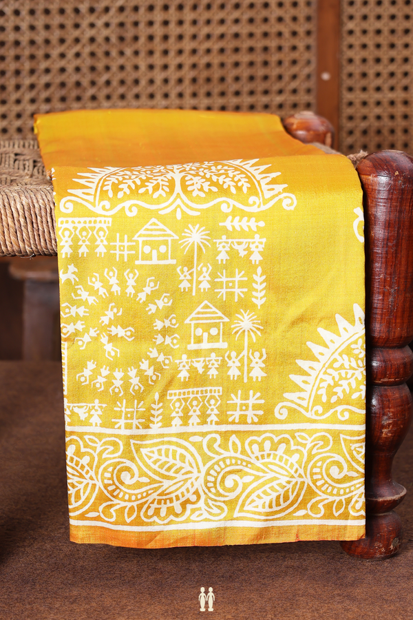 Printed Silk Saree In Yellow With Warli Design