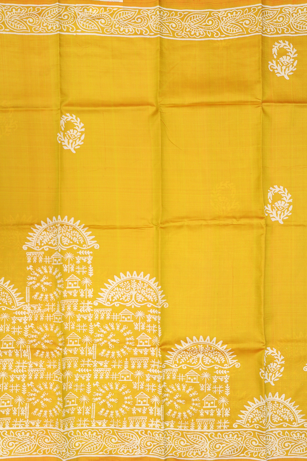 Printed Silk Saree In Yellow With Warli Design