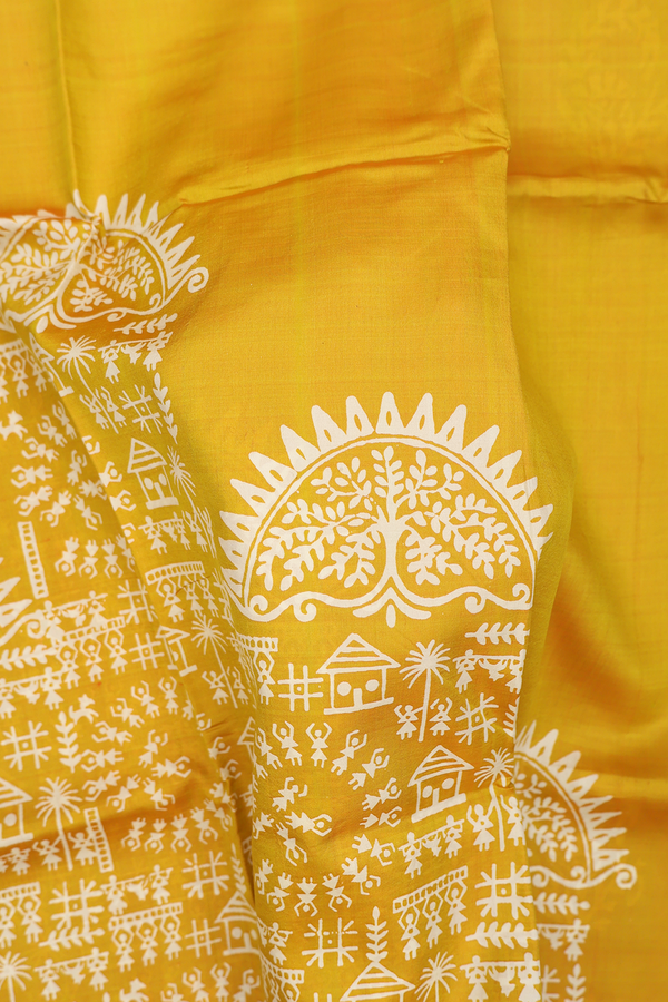 Printed Silk Saree In Yellow With Warli Design