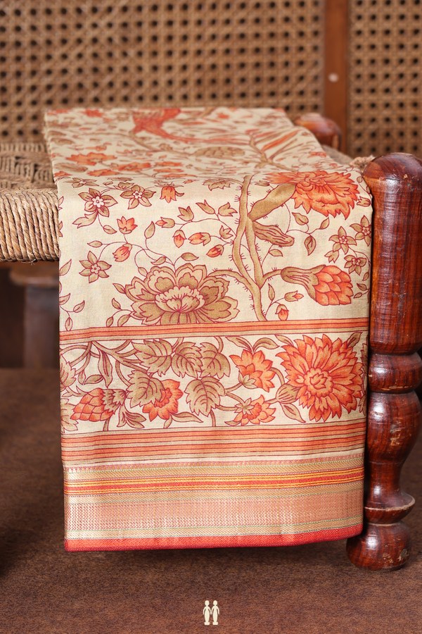 Printed Silk Saree In Pastel Brown With Floral Design