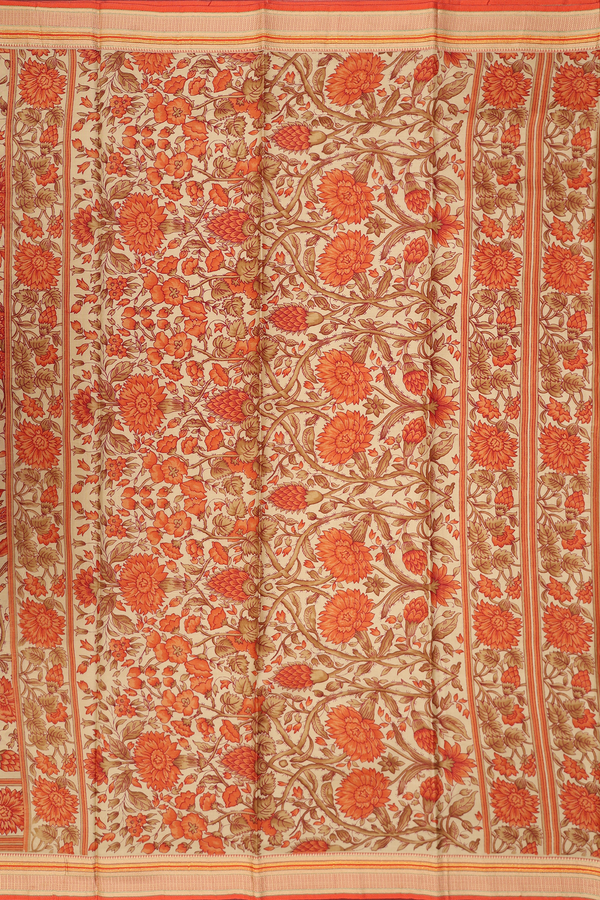 Printed Silk Saree In Pastel Brown With Floral Design