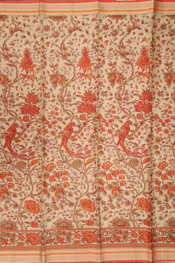 Printed Silk Saree In Pastel Brown With Floral Design