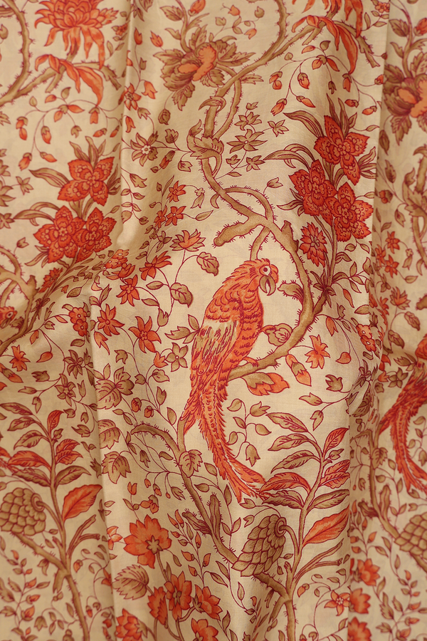 Printed Silk Saree In Pastel Brown With Floral Design