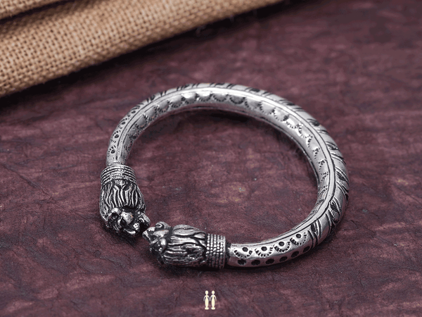 Lion Design Oxidized Adjustable Pure Silver Kada