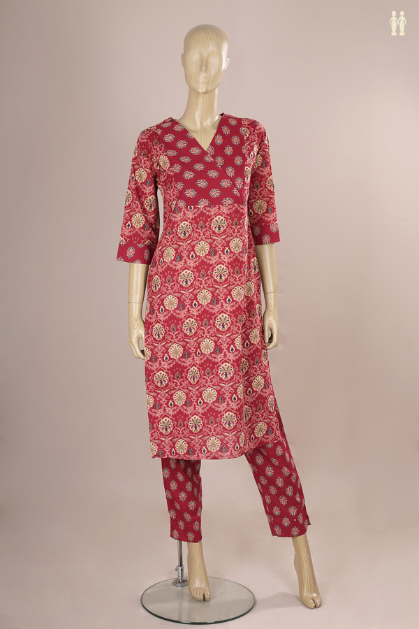 V-Neck Printed Design Red Cotton Salwar Set