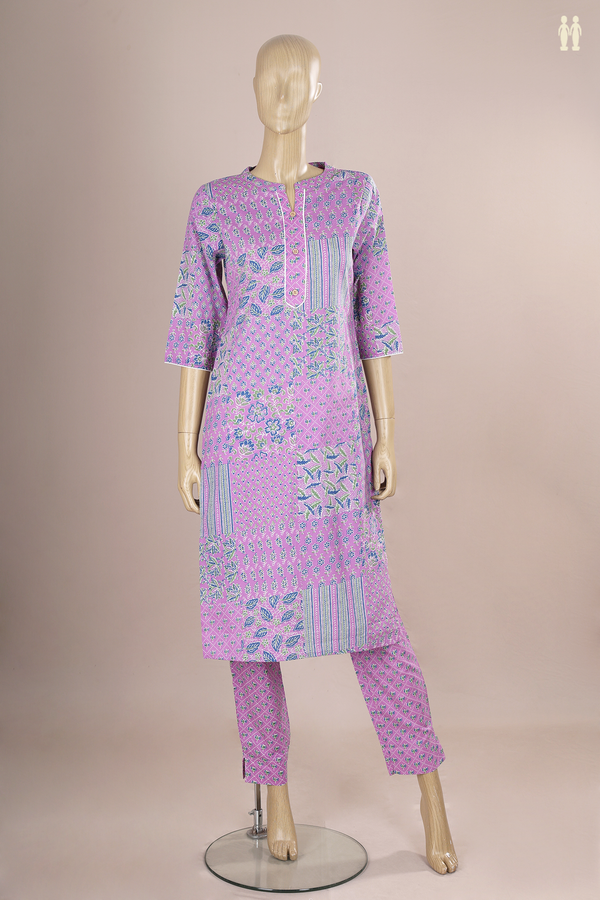 Split Neck Floral Design Lavender Cotton Salwar Set