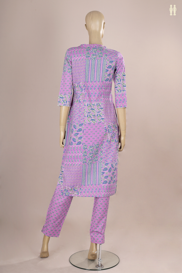 Split Neck Floral Design Lavender Cotton Salwar Set