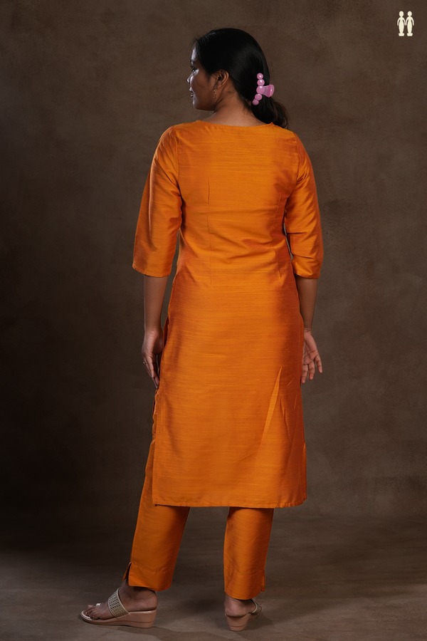 Round Neck Threadwork Design Orange Raw Silk Salwar Set