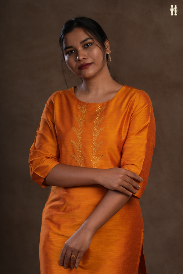 Round Neck Threadwork Design Orange Raw Silk Salwar Set