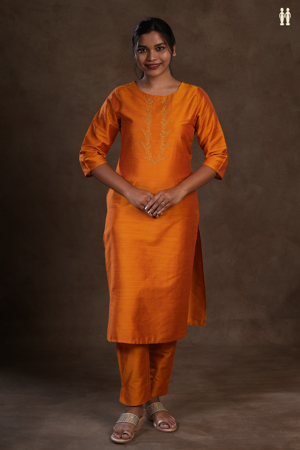 Round Neck Threadwork Design Orange Raw Silk Salwar Set
