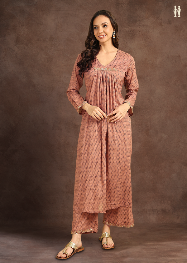 V-Neck Printed Design Cocoa Brown Cotton Salwar Set