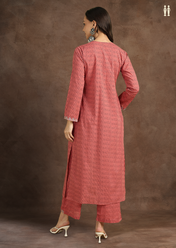 V-neck Printed Design Pastel Red Cotton Salwar Set