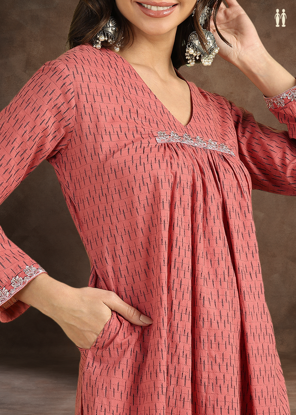 V-neck Printed Design Pastel Red Cotton Salwar Set