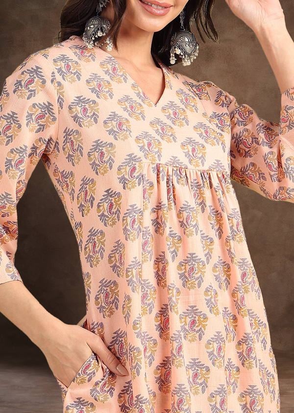 V-Neck Paisley Design Peach Pink Cotton Salwar Set