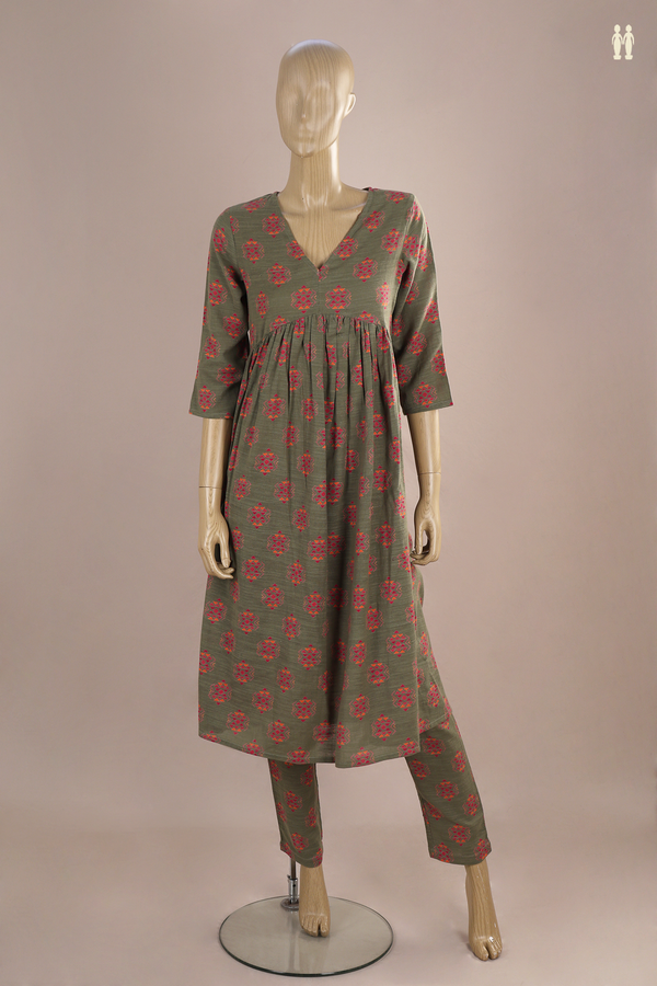 V-Neck Printed Design Green Linen Salwar Set