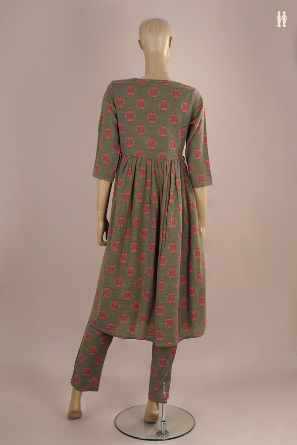 V-Neck Printed Design Green Linen Salwar Set