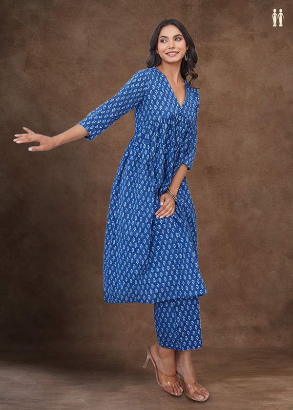 V-Neck Paisley Design Oxford Blue Cotton Salwar Set