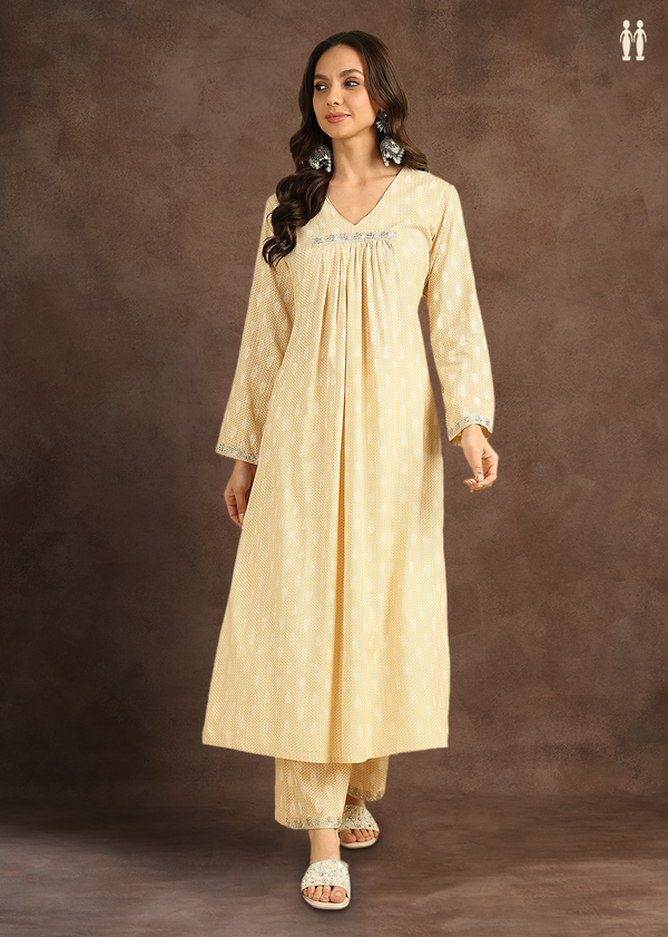 V-Neck Printed Design Tan Brown Cotton Salwar Set