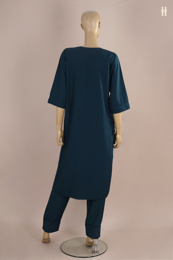 Split Neck Paisley Design Prussian Blue Rayon Cotton Salwar Set
