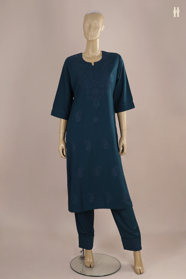 Split Neck Paisley Design Prussian Blue Rayon Cotton Salwar Set