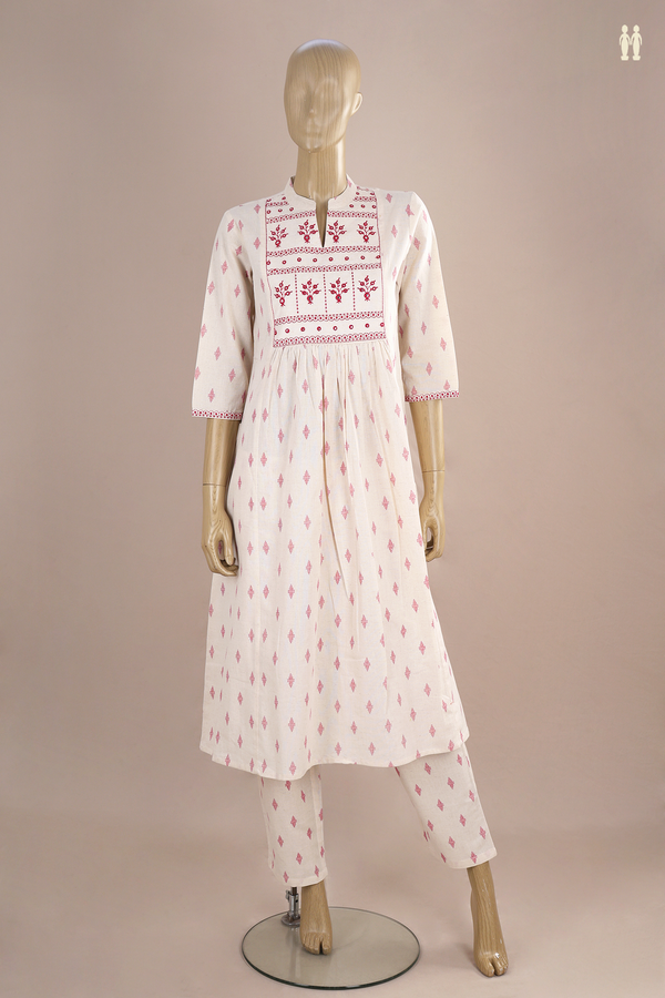 Chinese Neck Threadwork Buttas White Dobby Cotton Salwar Set