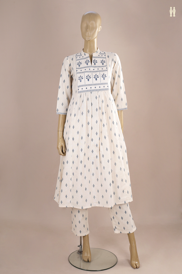 Chinese Neck Threadwork Buttas White Dobby Cotton Salwar Set