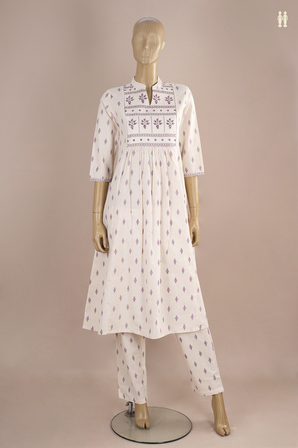Chinese Neck Threadwork Buttas White Dobby Cotton Salwar Set