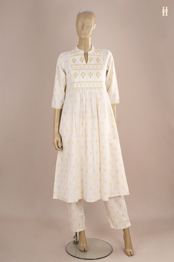 Chinese Neck Threadwork Buttas White Dobby Cotton Salwar Set