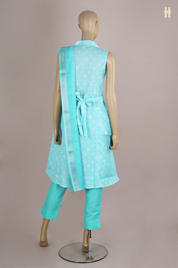 Regular Neck Threadwork Design Blue Linen Salwar Set