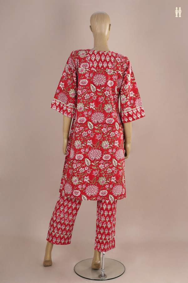 V-Neck Floral Printed Design Red Cotton Salwar Set