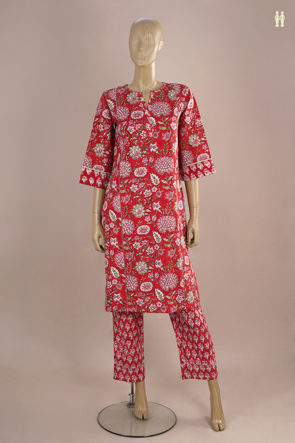 V-Neck Floral Printed Design Red Cotton Salwar Set
