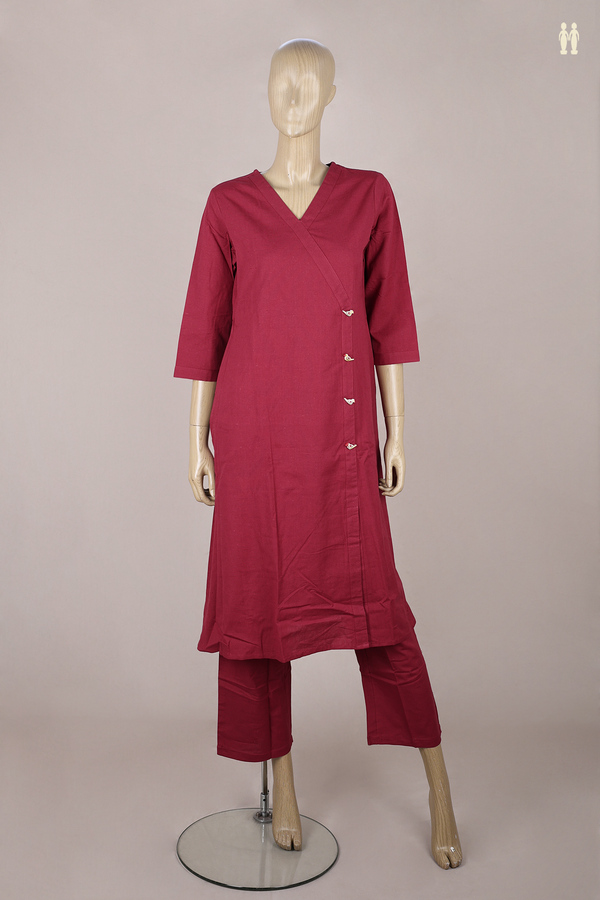 V-Neck Birds Buttas Rose Red Cotton Salwar Set