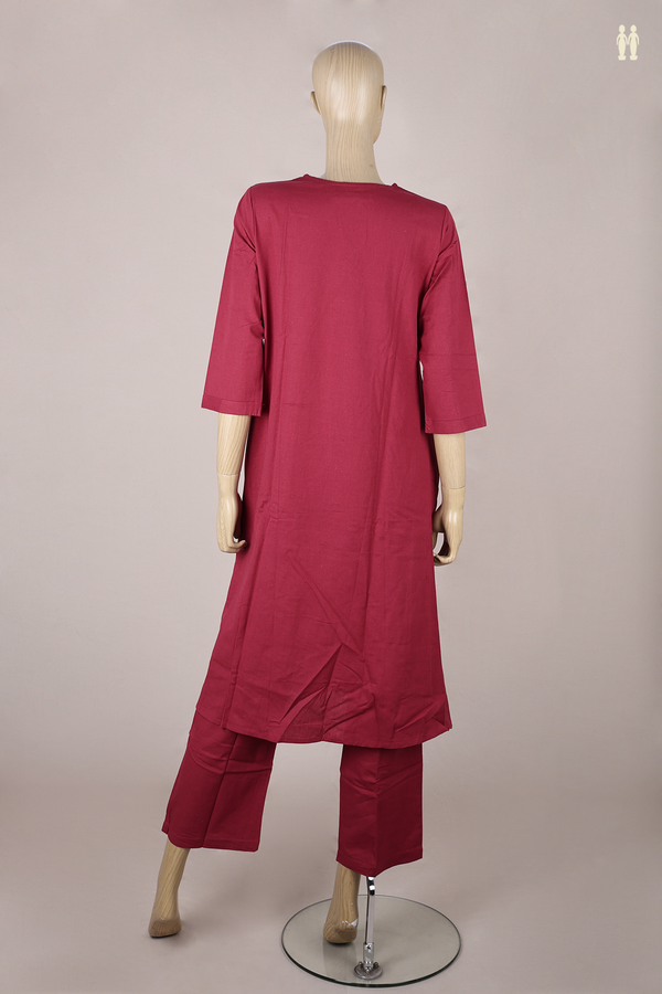 V-Neck Birds Buttas Rose Red Cotton Salwar Set