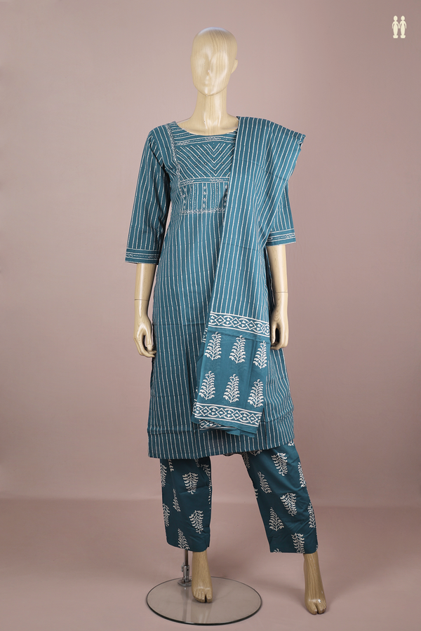 Round Neck Printed Design Prussian Blue Cotton Salwar Set