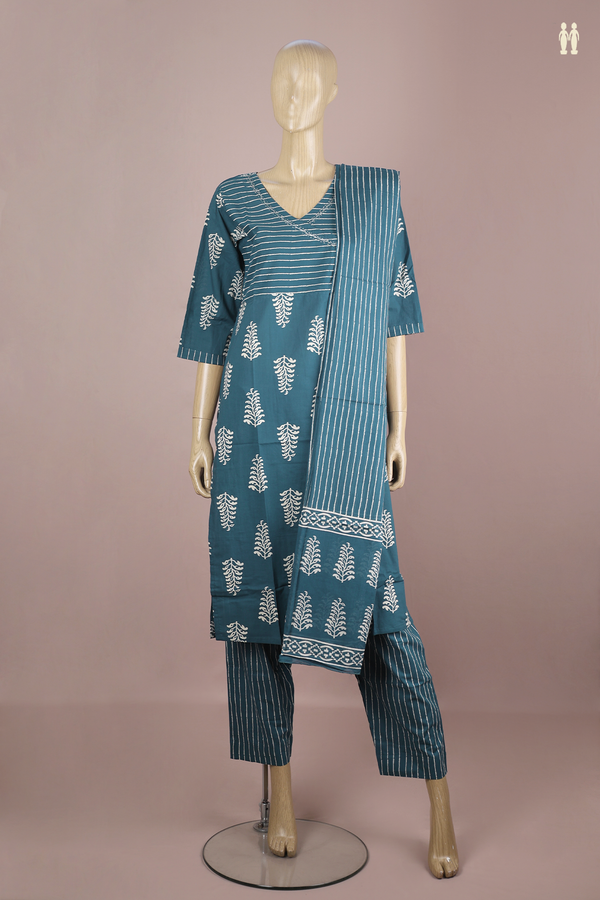 V-Neck Printed Design Prussian Blue Cotton Salwar Set