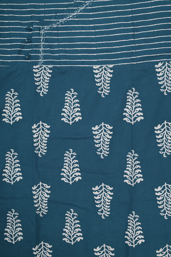 V-Neck Printed Design Prussian Blue Cotton Salwar Set