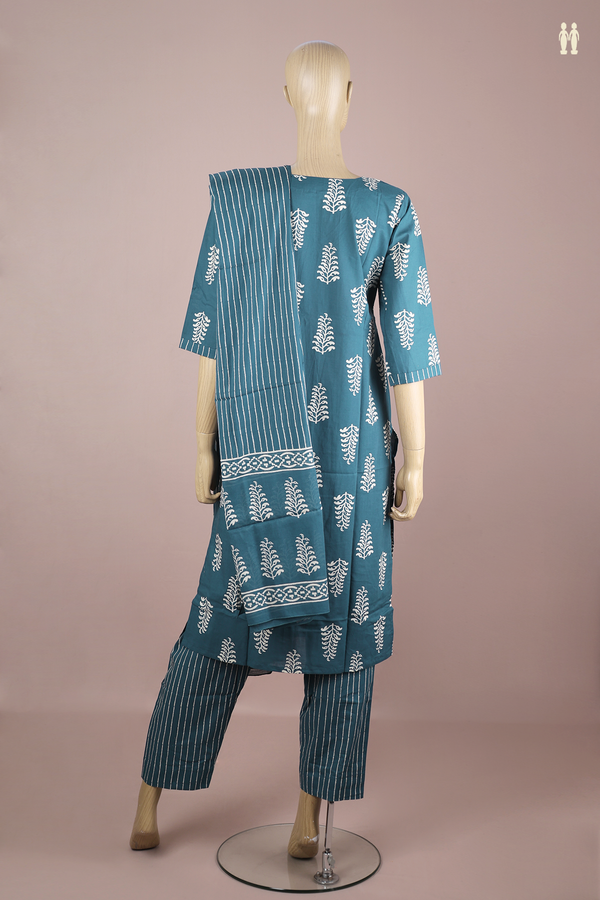 V-Neck Printed Design Prussian Blue Cotton Salwar Set